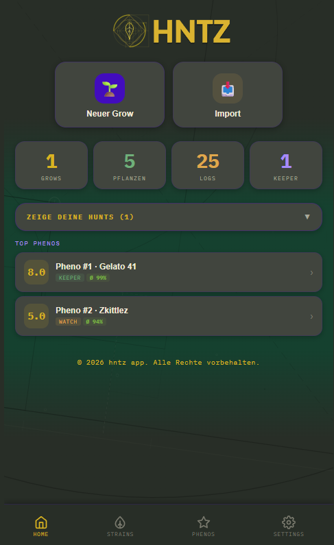 HNTZ v2 Home Screen mit Dark Forest Theme