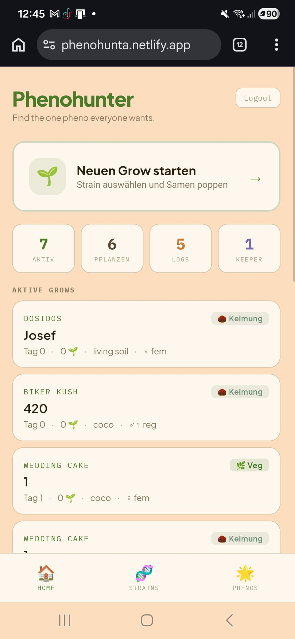 Phenohunter v1 Home Screen mit Cream-Palette